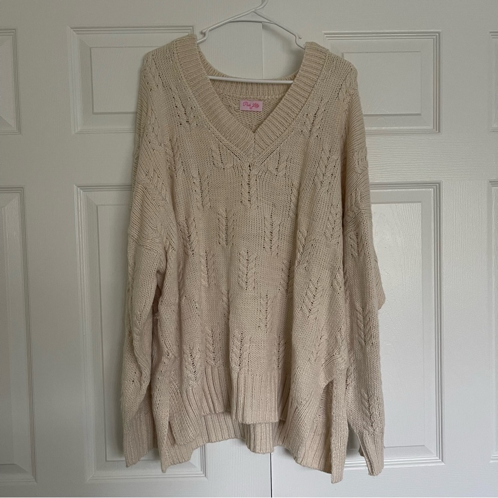PINK LILY True To You Cream Textured V-Neck Sweater